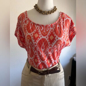 Bobbie Brooks Geometric Print‎ Cap Sleeve Tee High Low Hem Orange & White M
